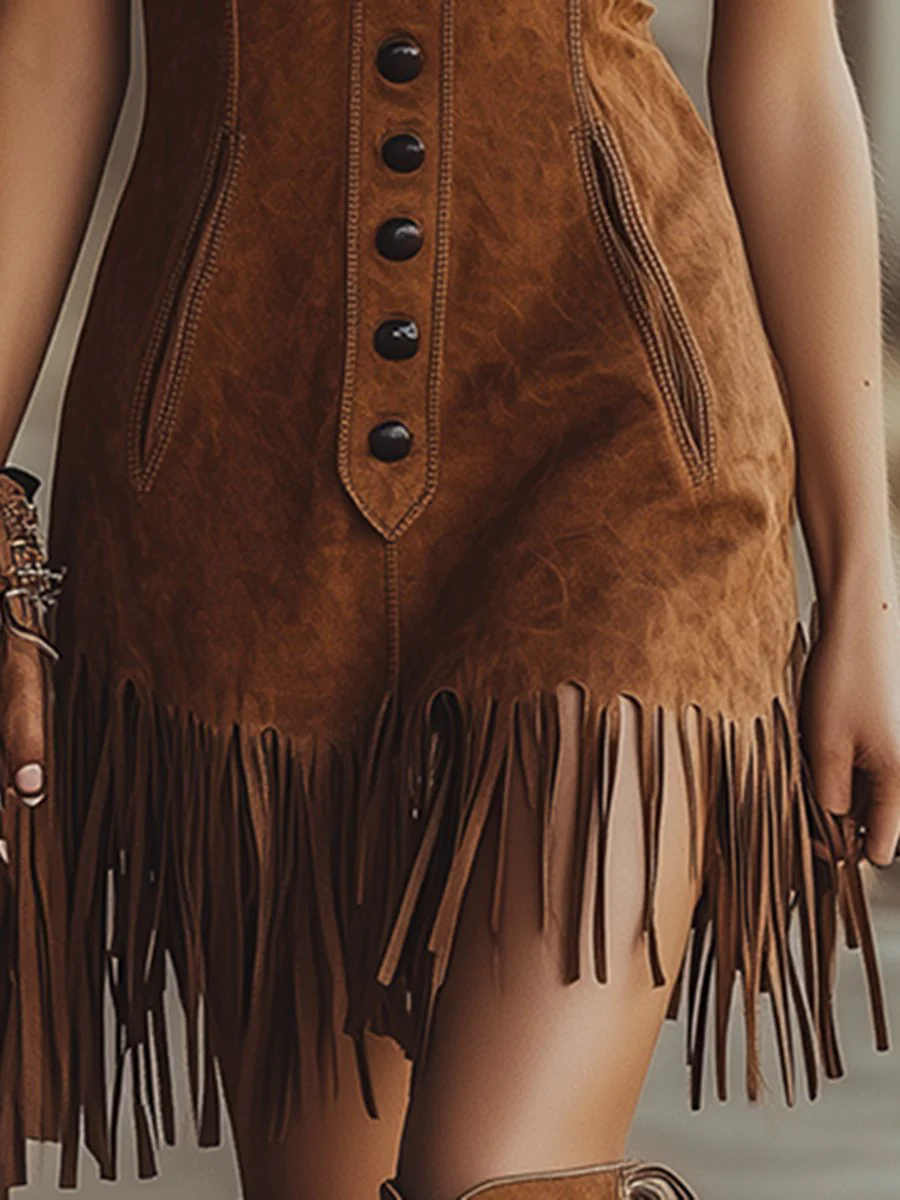 【24-hour shipping out】Western Style Tassel Brown Suede Vest Mini Dress