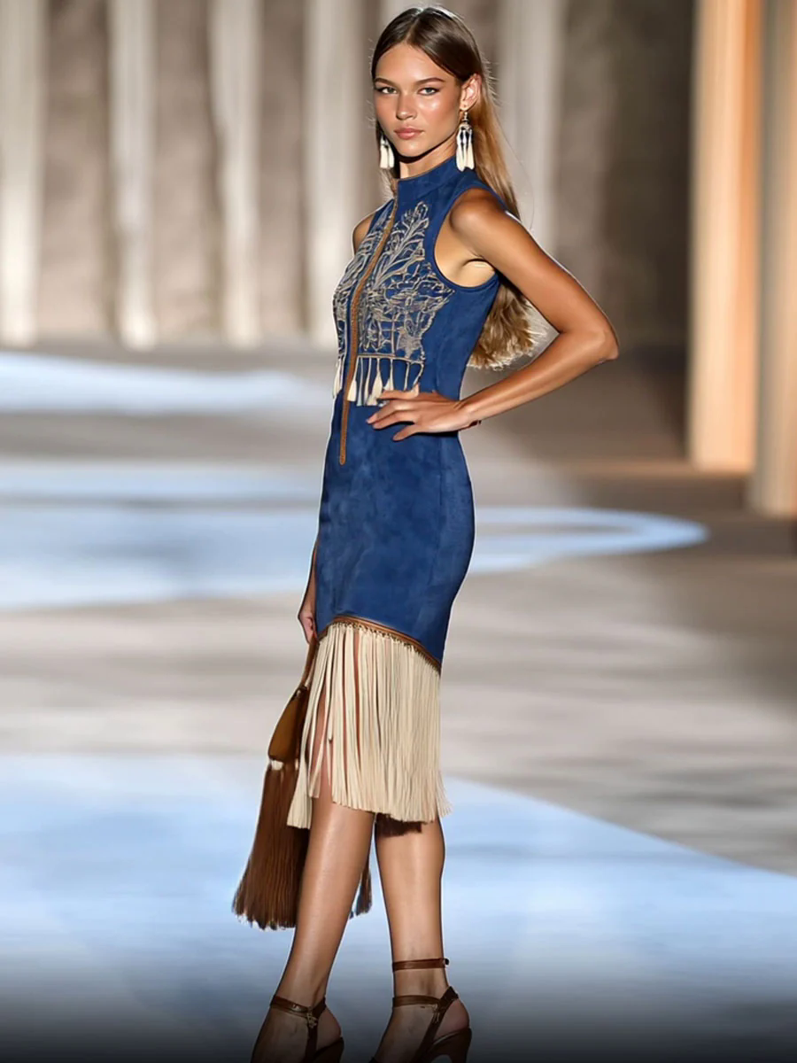 【24-hour shipping out】Vintage Bohemian Suede Embroidered Zipper Tassel Sleeveless Mini Dress