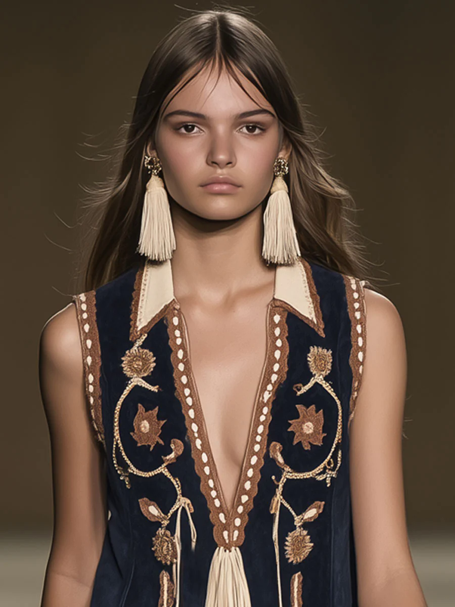 【24-hour shipping out】Casual Loose Vintage Suede Bohemian Embroidered Tassel Sleeveless Mini Dress