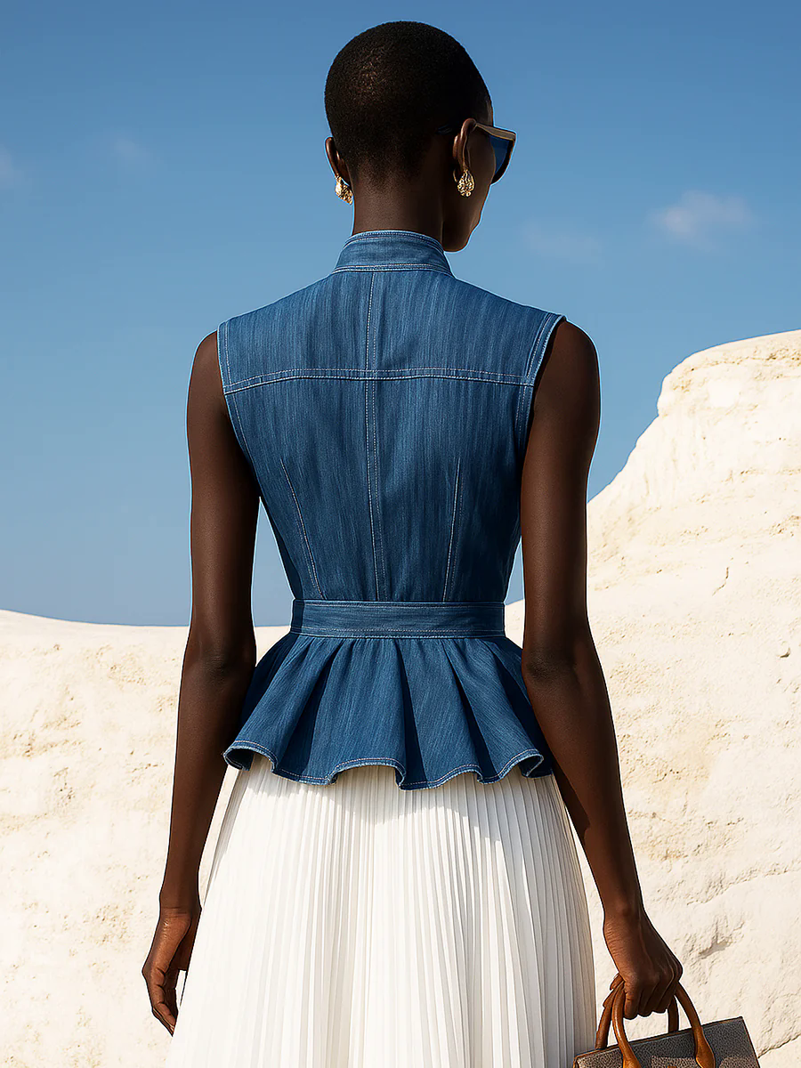 Elegant Half Turtleneck Waist Ruffled Hem Denim Sleeveless Shirt