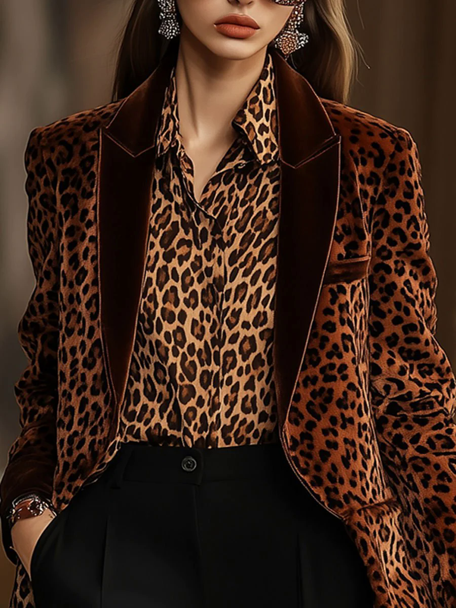 【24-hour shipping out】Casual Loose Retro Velvet Leopard Print Lapel Blazer