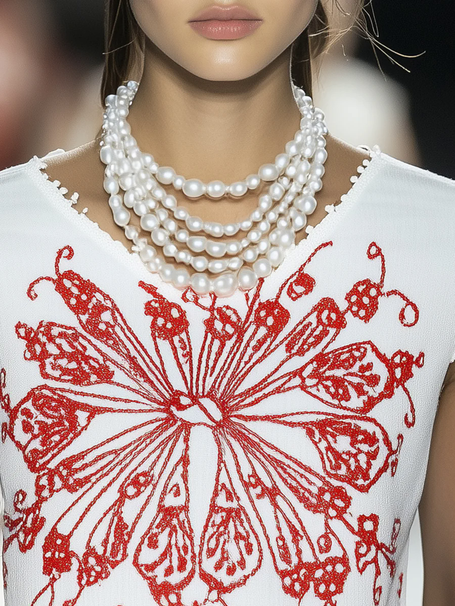 Western Casual Red Embroidered White Sleeveless Vest