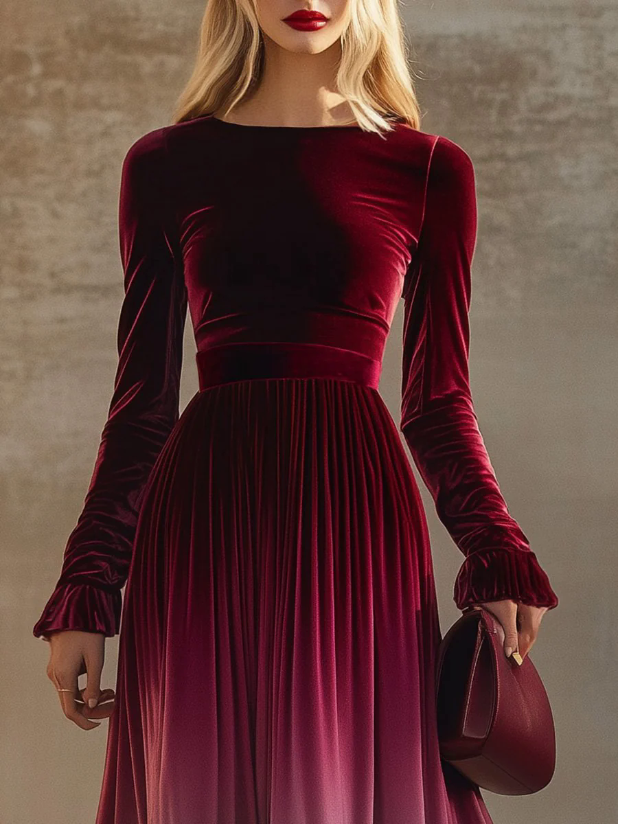 【24-hour shipping out】Elegant Straight Collar Trumpet Sleeves Burgundy Gradient Velvet Maxi Dress