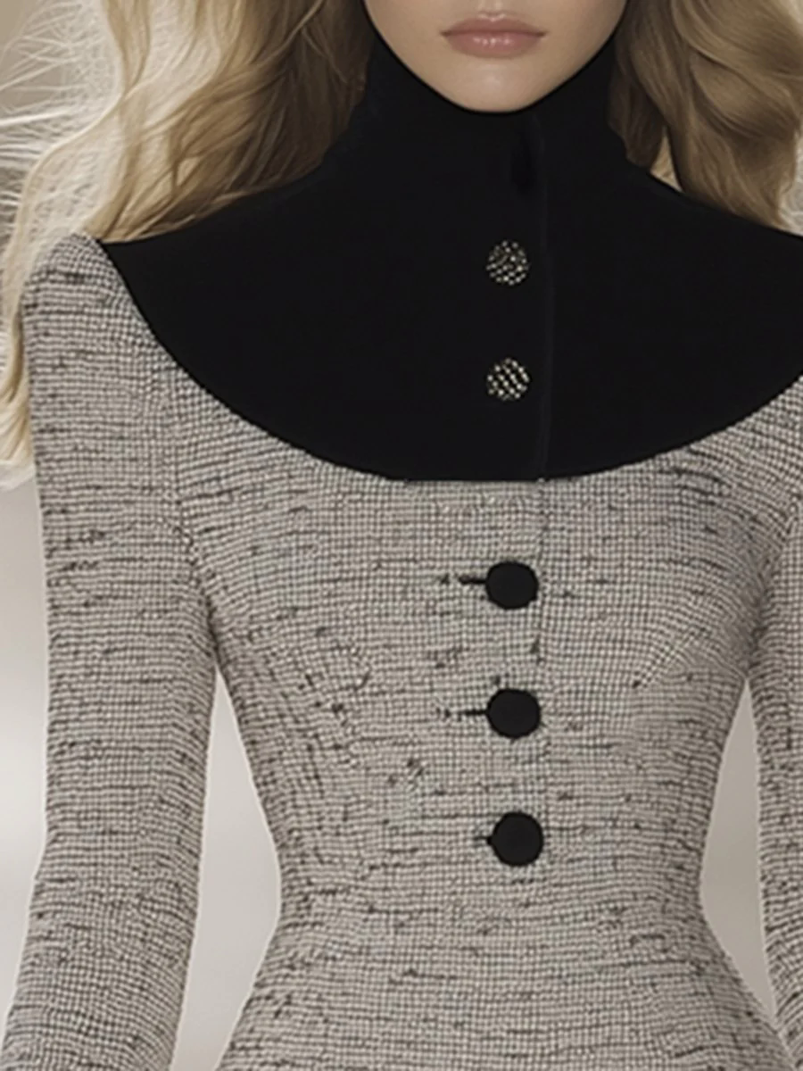 【24-hour shipping out】Retro Elegant Fashionable Stitching Velvet High Collar Tweed Midi Dress