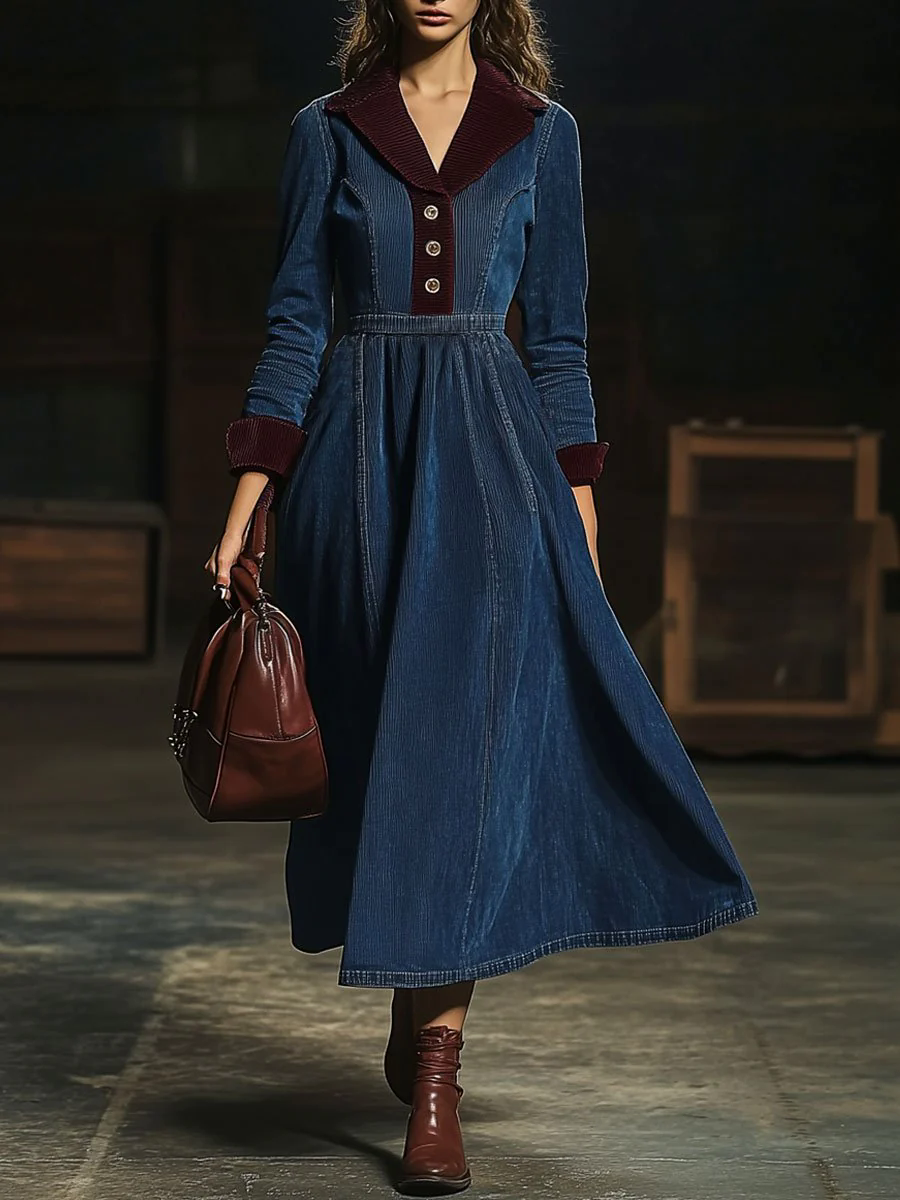 【24-hour shipping out】Casual Retro Contrast Color Corduroy Stitching Elastic Waist Long Sleeve Midi Dress
