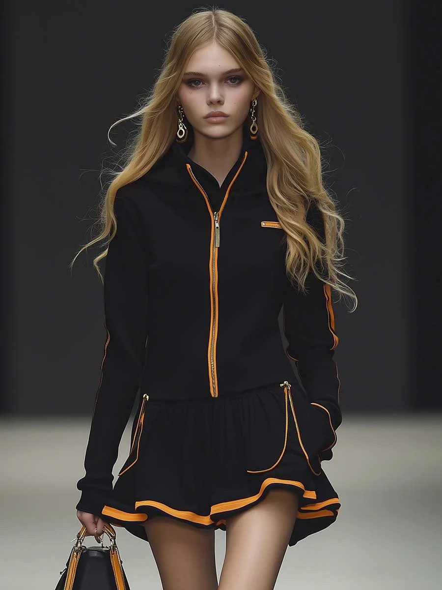 【24-hour shipping out】Elegant Sporty Yellow Trim Black Sweatshirt Style Mini Dress