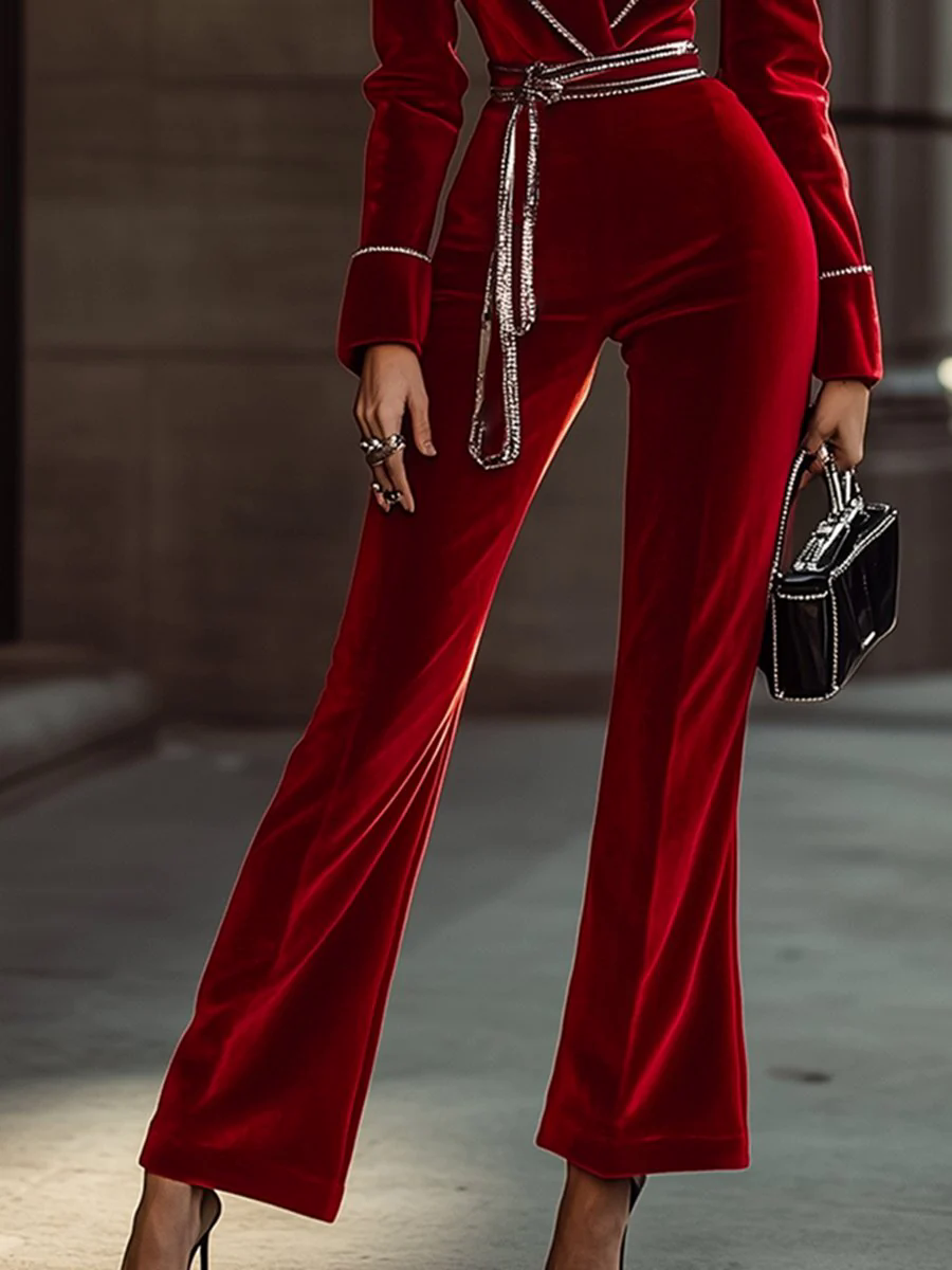 【24-hour shipping out】High-End And Fashionable Red Velvet Jumpsuit With Silver Trim
