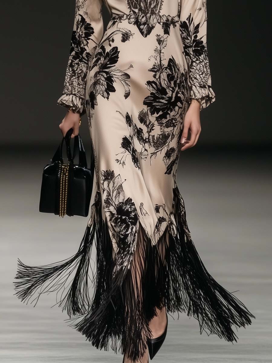 【24-hour shipping out】Elegant Bohemian Style V-neck Tassel Floral Print Beige Satin Maxi Dress