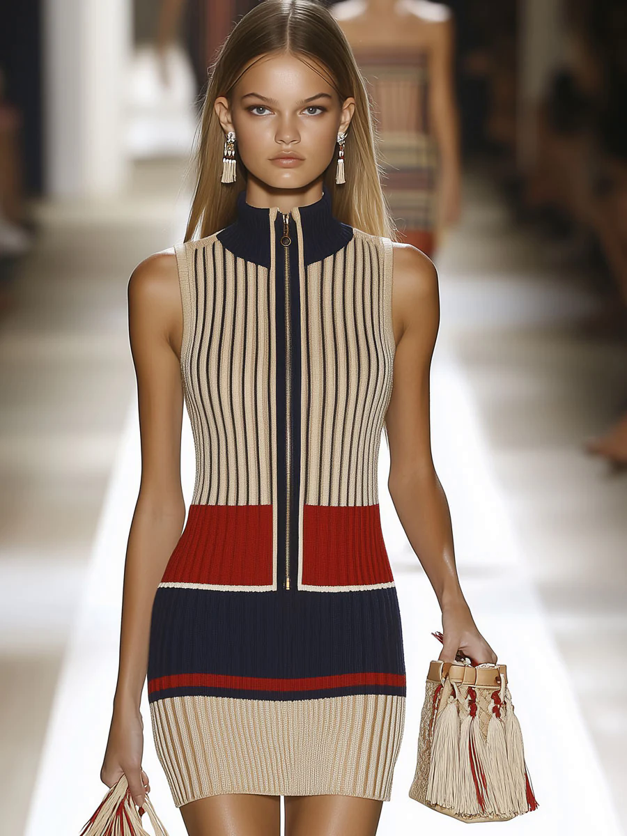 【24-hour shipping out】Casual Retro Contrast Stripe Knit Sleeveless Zipper Mini Dress