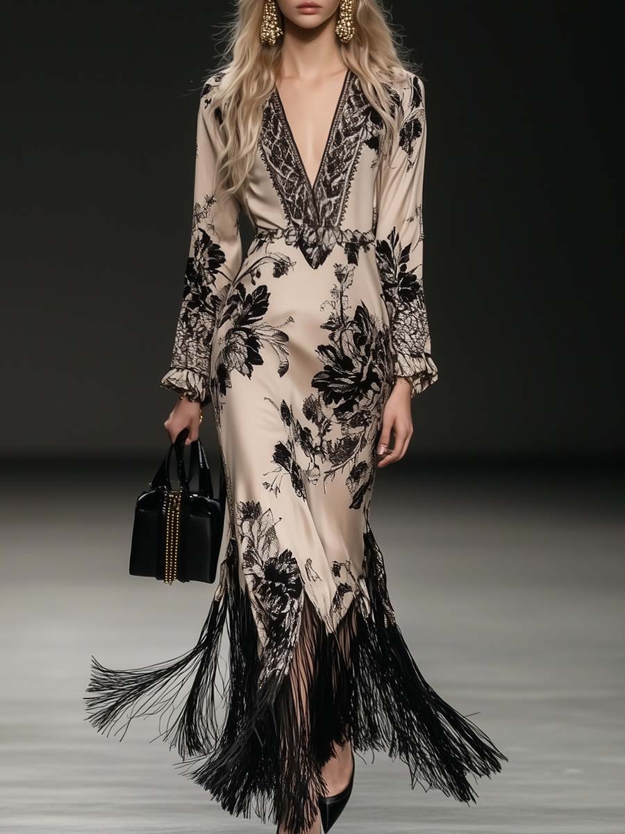 【24-hour shipping out】Elegant Bohemian Style V-neck Tassel Floral Print Beige Satin Maxi Dress