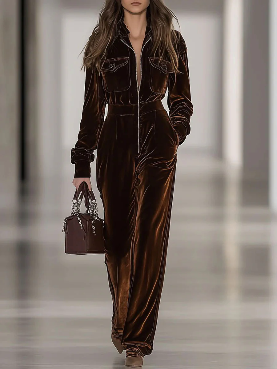 【24-hour shipping out】Casual Loose Vintage Velvet Multi-Pocket Zipper Long Sleeve Jumpsuit