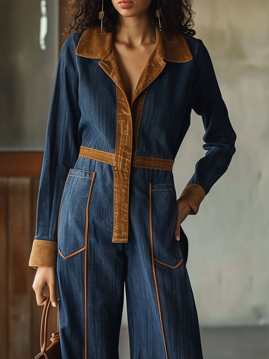 【24-hour shipping out】Casual Loose Retro Suede Denim Splicing Long Sleeve Jumpsuit