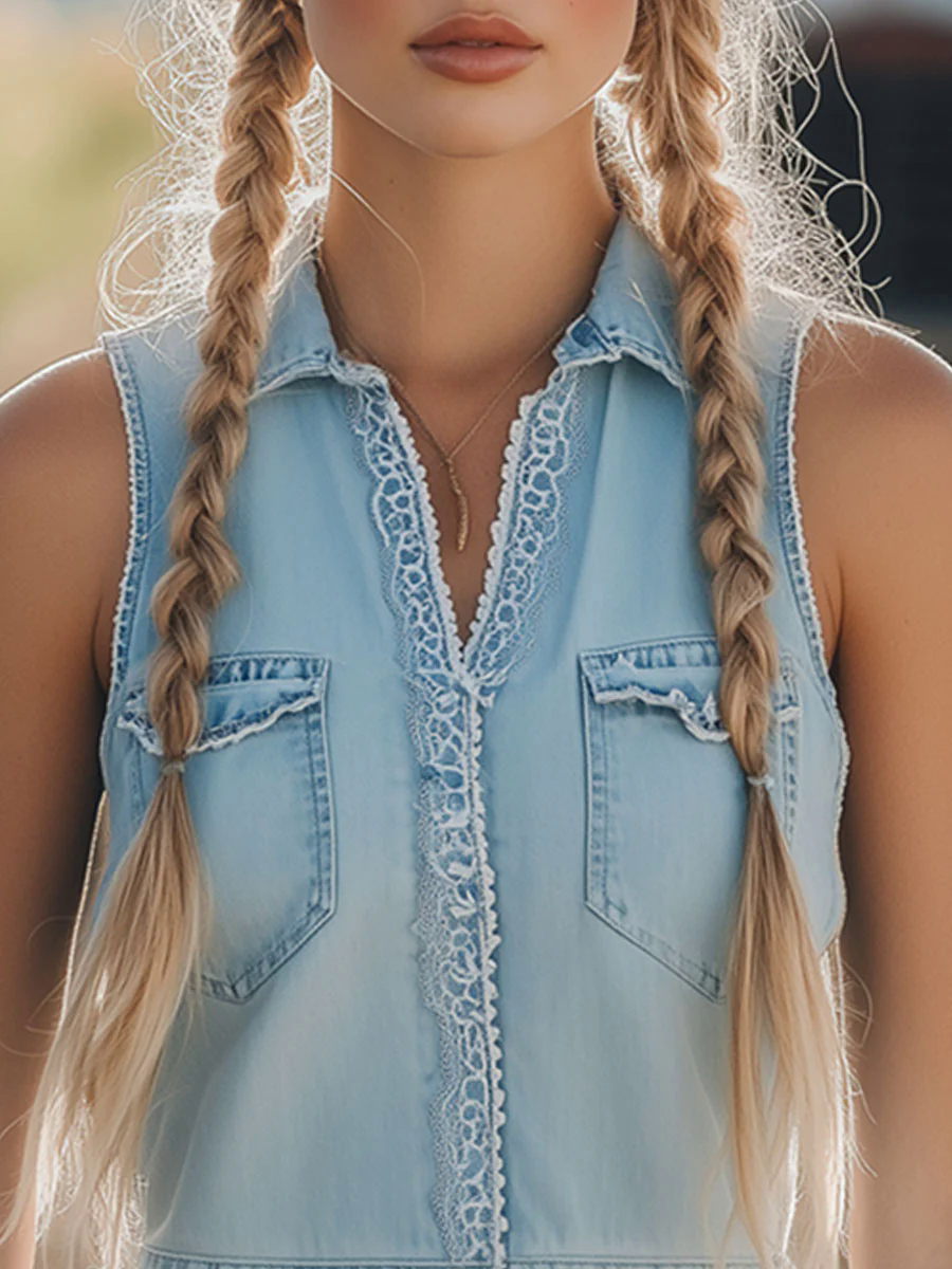 Western Retro Light Blue Denim Raw Edge Lace Sleeveless Pocket Shirt