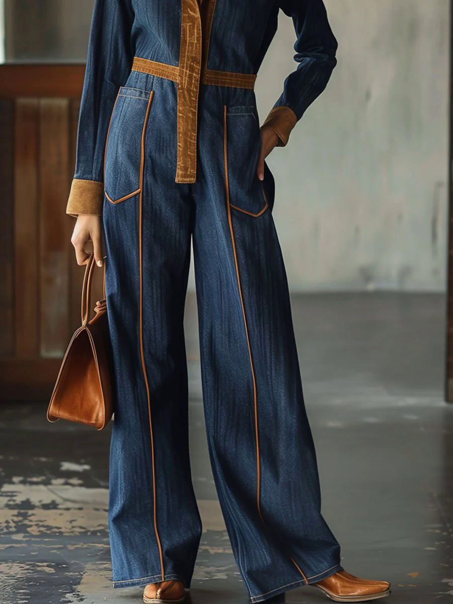 【24-hour shipping out】Casual Loose Retro Suede Denim Splicing Long Sleeve Jumpsuit