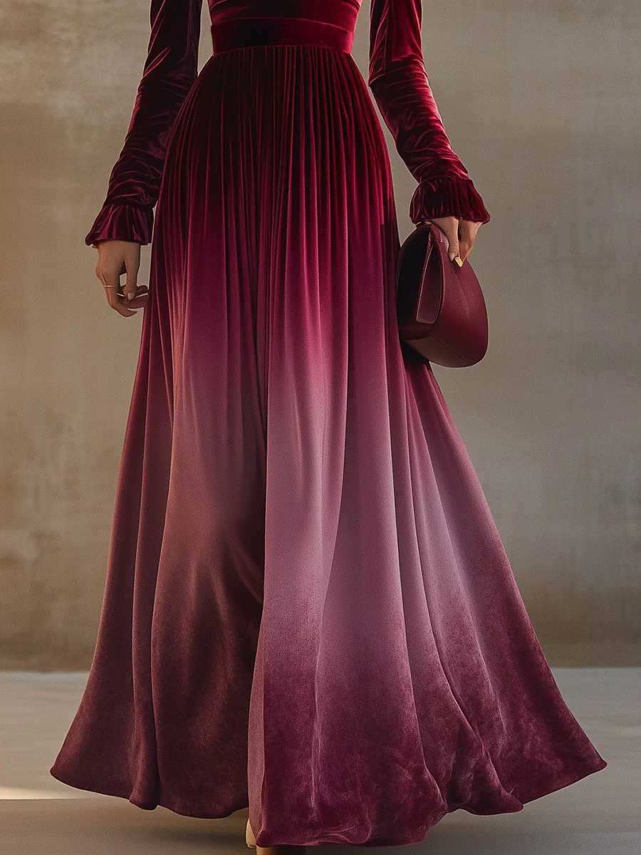 【24-hour shipping out】Elegant Straight Collar Trumpet Sleeves Burgundy Gradient Velvet Maxi Dress