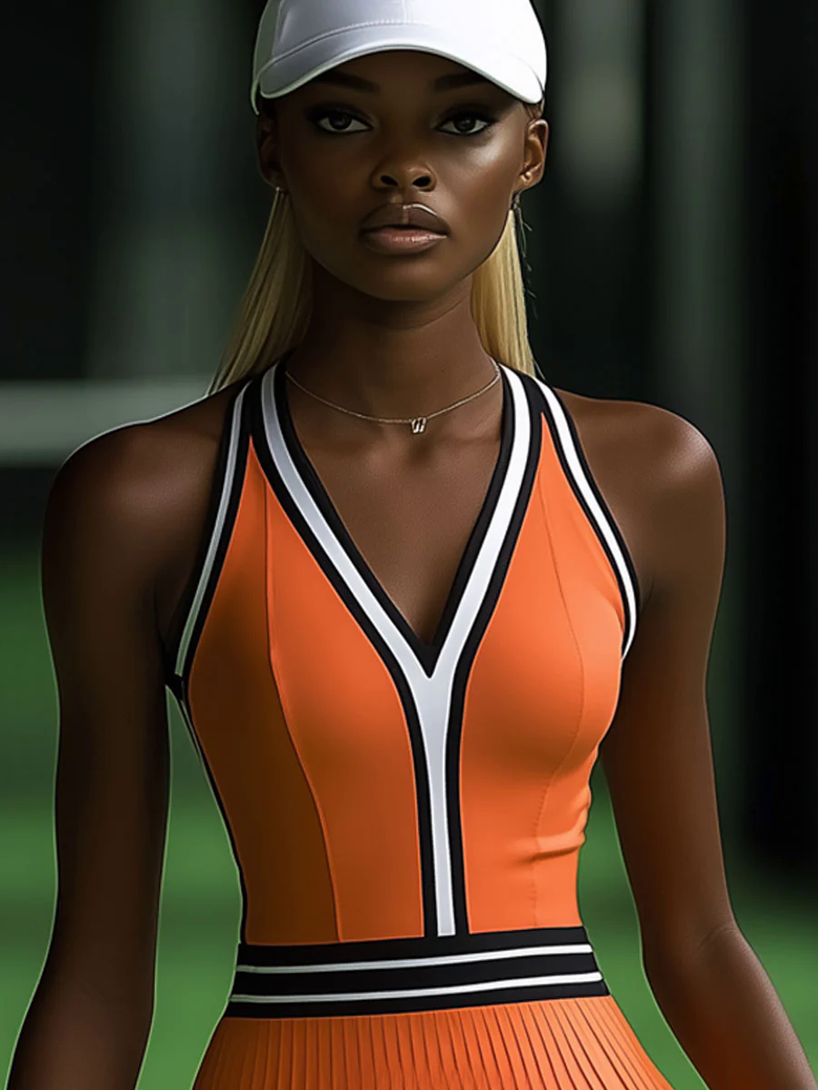 【24-hour shipping out】Fashionable Sports Black And White Trim Orange Sleeveless Pleated Mini Dress