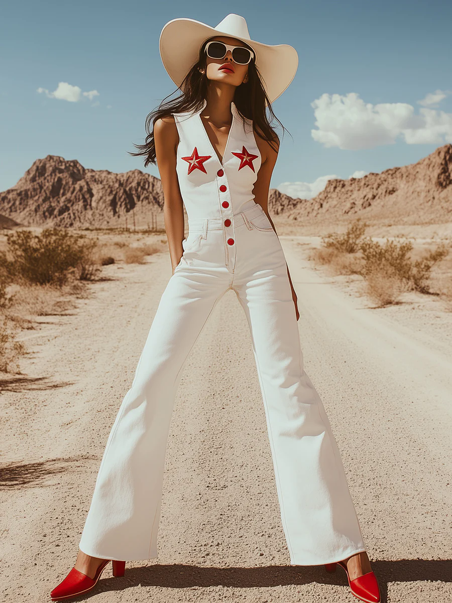 Retro And Fashionable Star Embroidery Sleeveless Stand Collar Flared White Jumpsuit