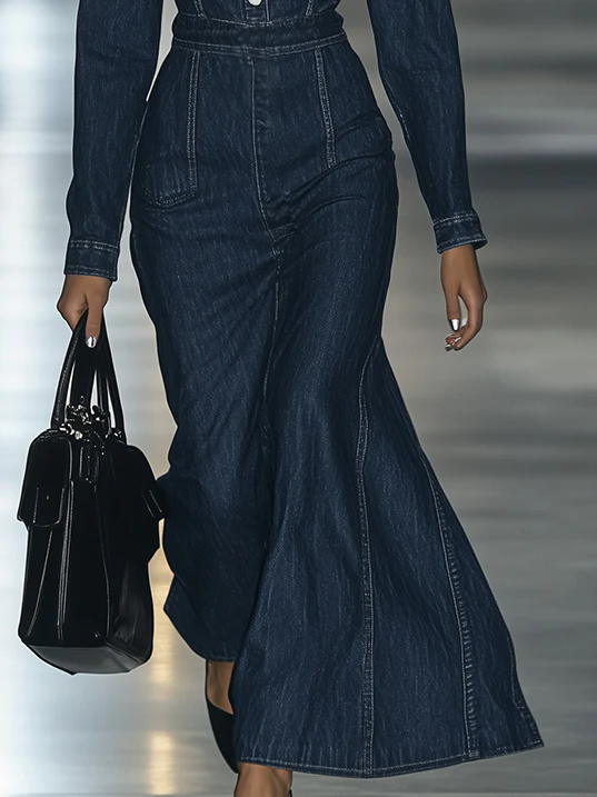 【24-hour shipping out】Casual Slim Fit Vintage Lace-up Long Sleeve Denim Maxi Dress