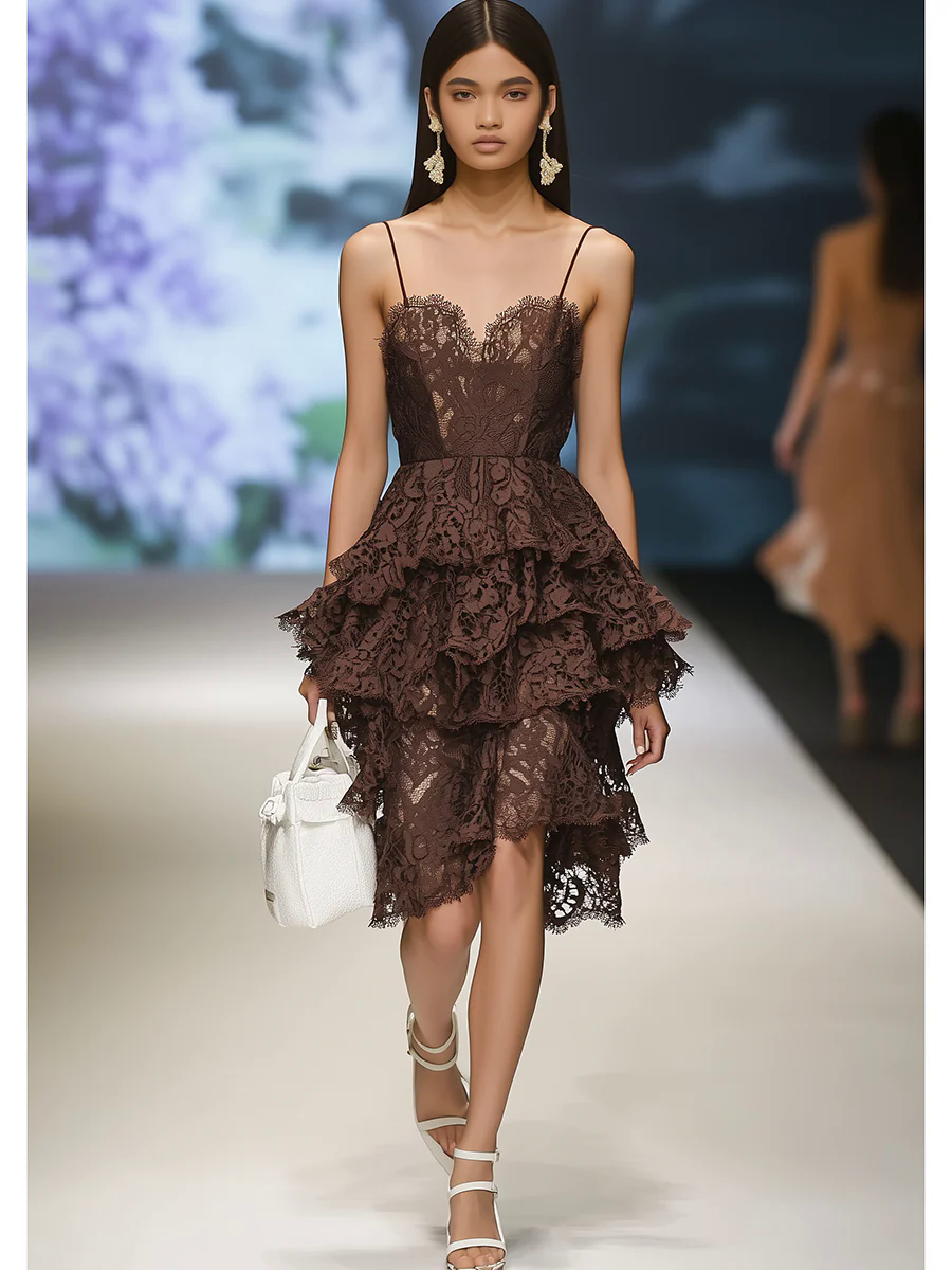 Elegant Vintage Dark Brown Lace Suspender Ruffle Mini Dress