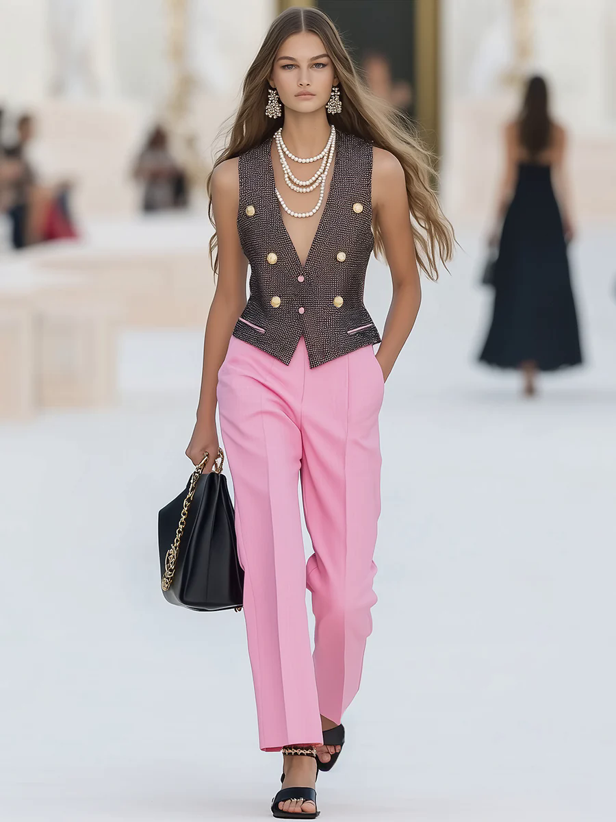 Elegant Grey Vest And Pink Wide-leg Pants Two-piece Set