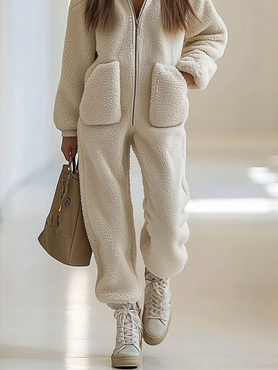 【24-hour shipping out】Casual Loose Vintage Polar Fleece Pocket Zipper Hooded Jumpsuit