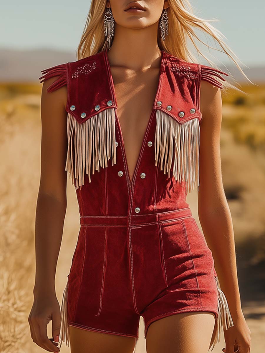 【24-hour shipping out】Western Cowboy Style Red Suede Silver Button Beige Tassel Jumpsuit