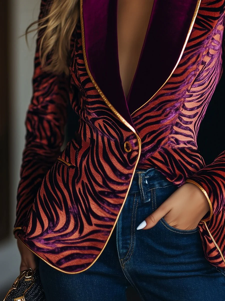 【24-hour shipping out】Casual Loose Vintage Velvet Zebra Pattern Gold Wire Striped Lapel Pocket Blazer