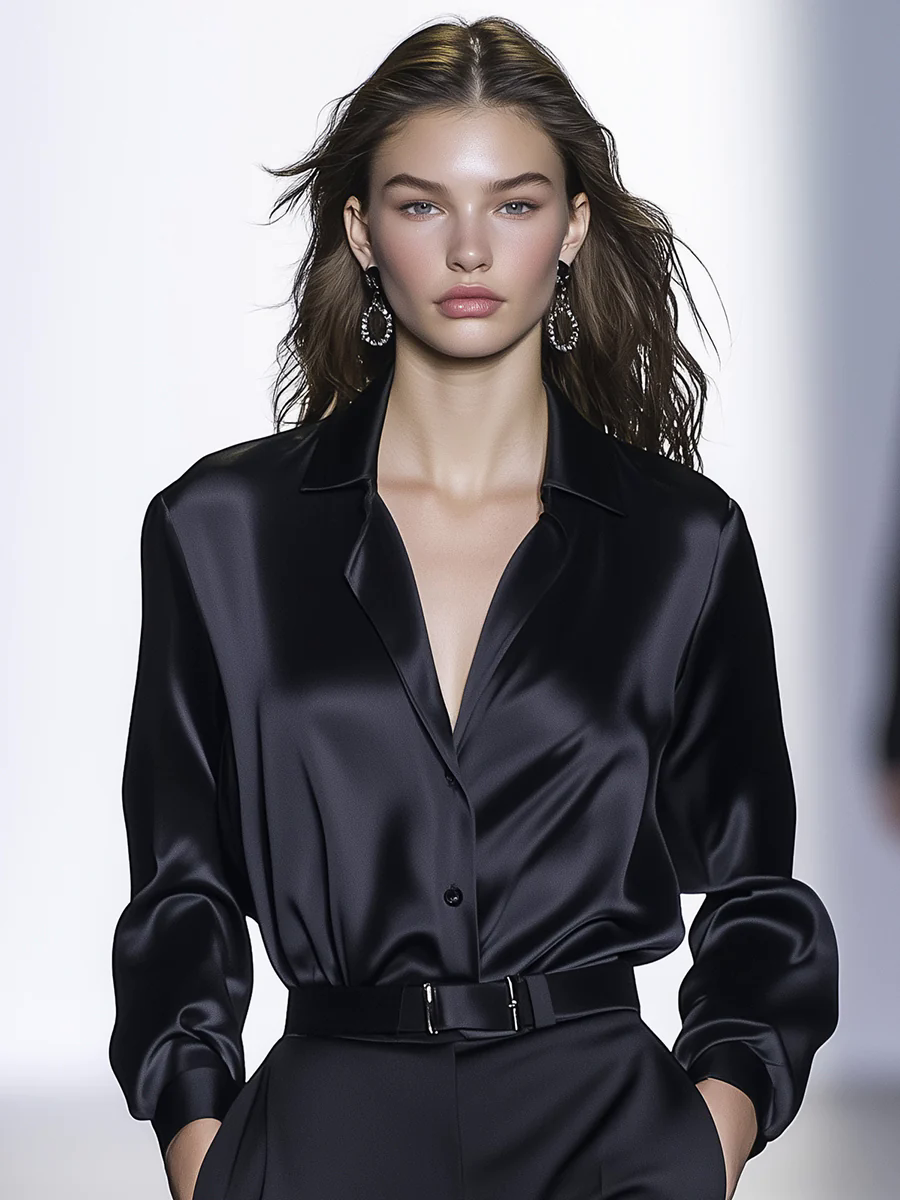High-end Fashion Black Satin Long-sleeved Shirt
