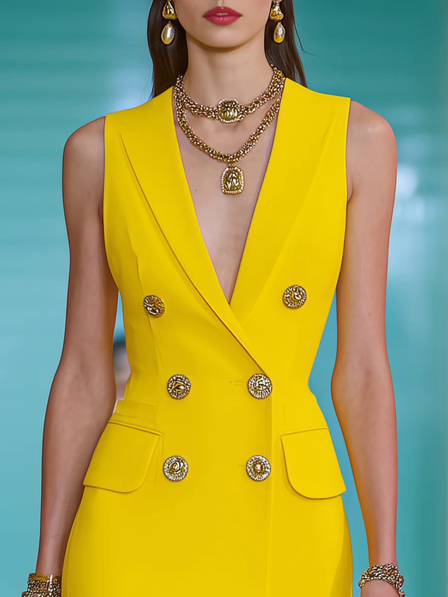 Fashionable And Elegant Yellow Lapel Sleeveless Mini Dress