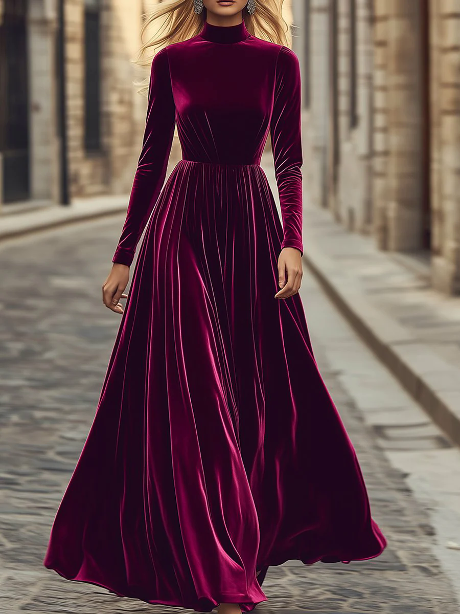 【24-hour shipping out】Retro Fashion High Collar Waist Velvet Maxi Dress