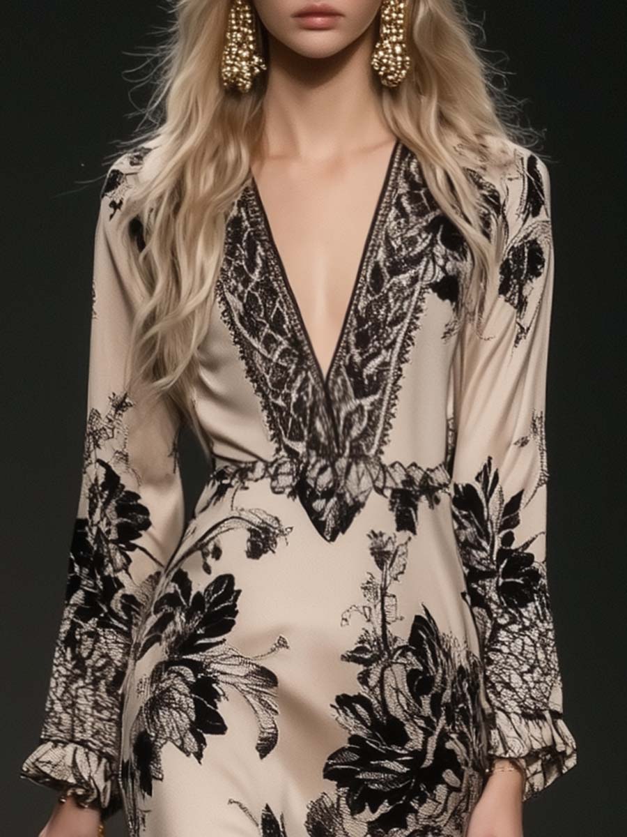 【24-hour shipping out】Elegant Bohemian Style V-neck Tassel Floral Print Beige Satin Maxi Dress