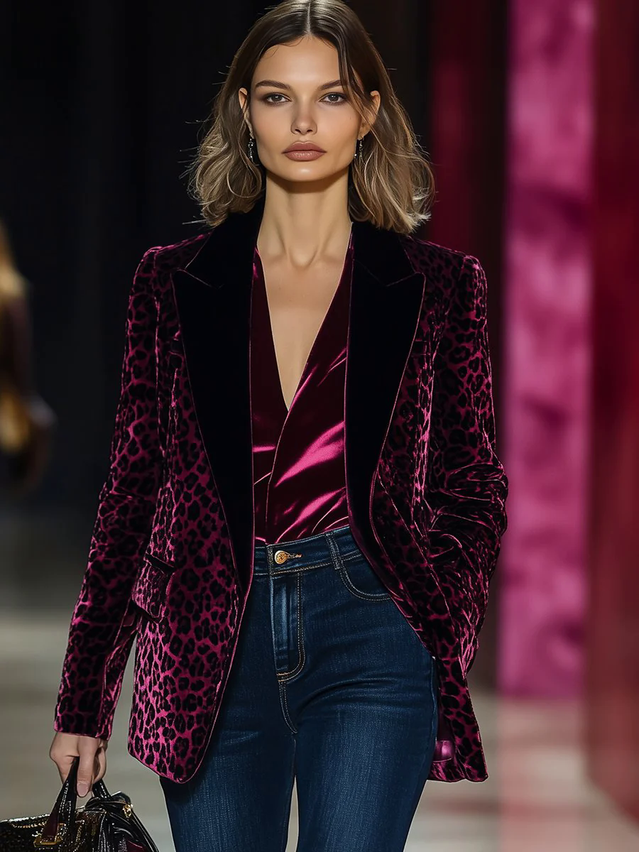 【24-hour shipping out】Fashionable Retro Luxury Solid Color Velvet Stitching Leopard Print Lapel Blazer