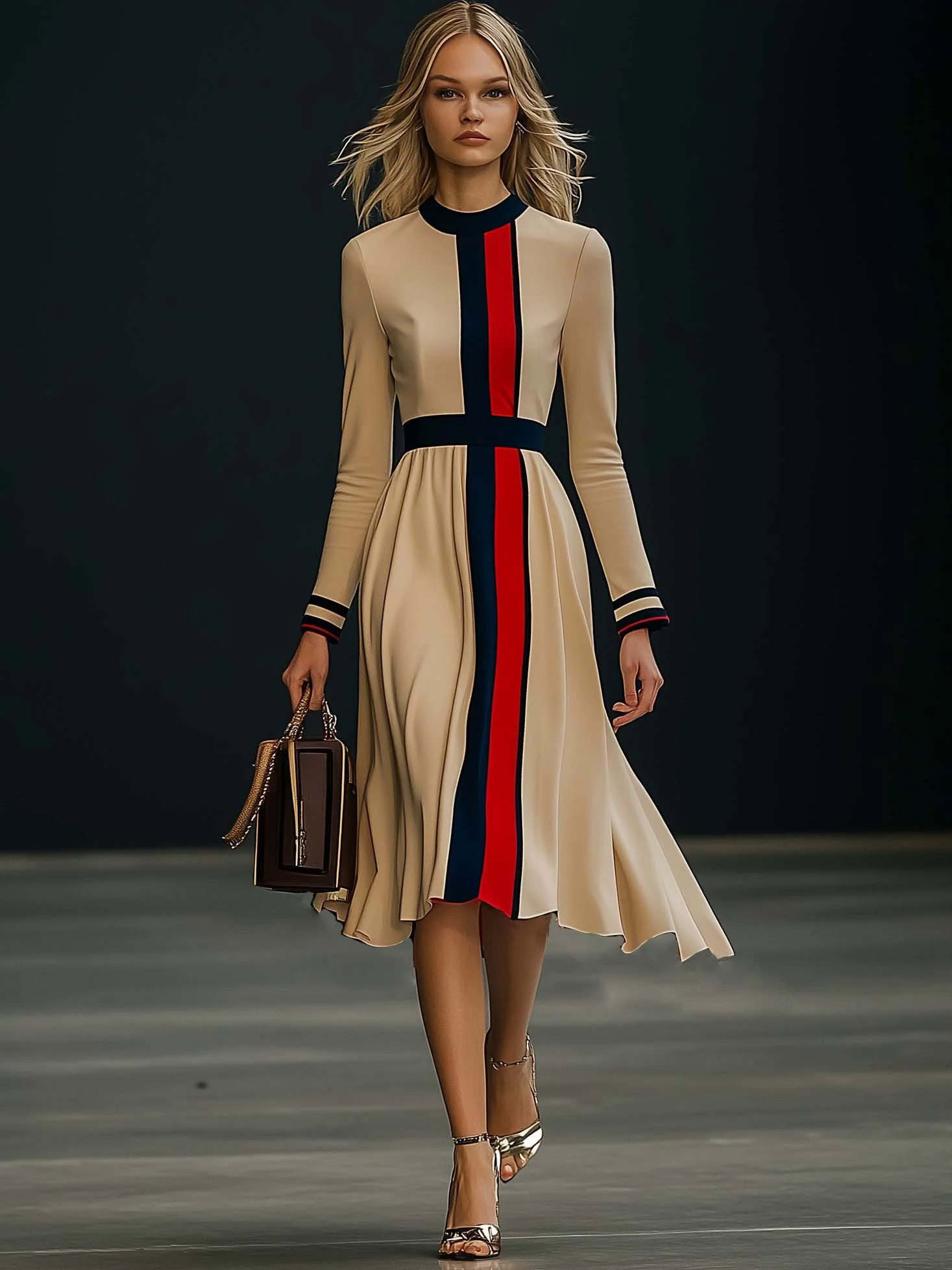 【24-hour shipping out】Elegant Colorblock Long Sleeve Midi Dress