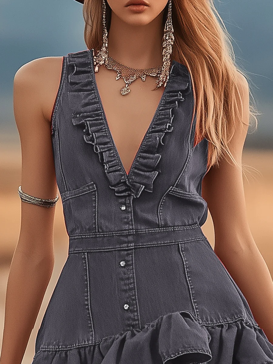 Casual Fashion Grey V-Neck Ruffle Trim Denim Mini Dress