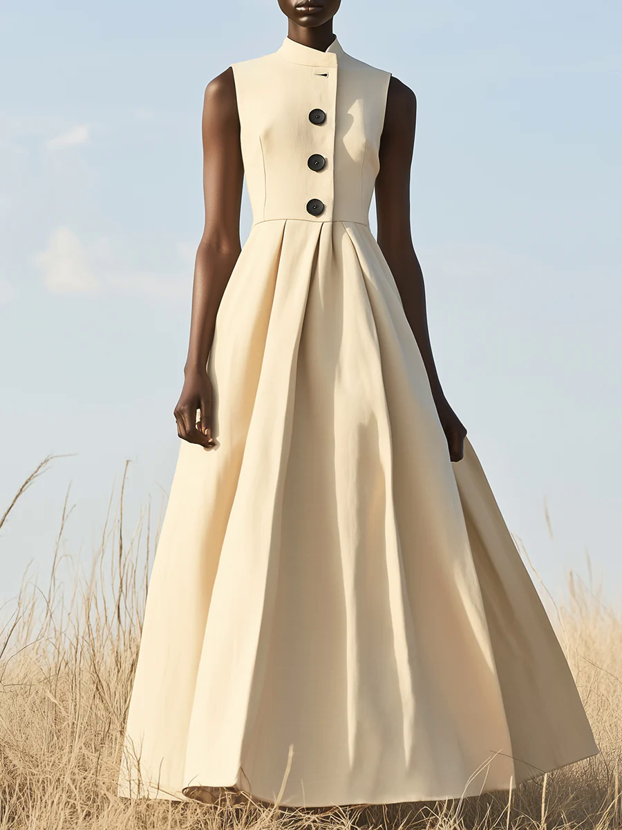 【24-hour shipping out】Elegant and Simple Black Button Stand Collar Sleeveless Maxi Dress