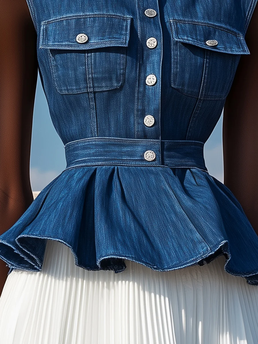 Elegant Half Turtleneck Waist Ruffled Hem Denim Sleeveless Shirt