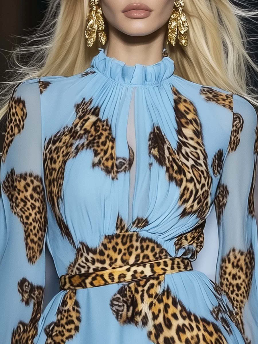 【24-hour shipping out】Elegant Personality Leopard Print Sky Blue Chiffon Mini Dress