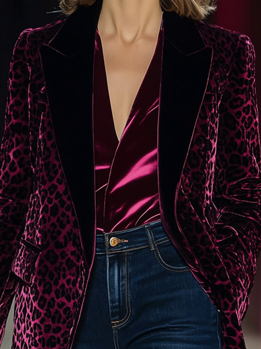 【24-hour shipping out】Fashionable Retro Luxury Solid Color Velvet Stitching Leopard Print Lapel Blazer