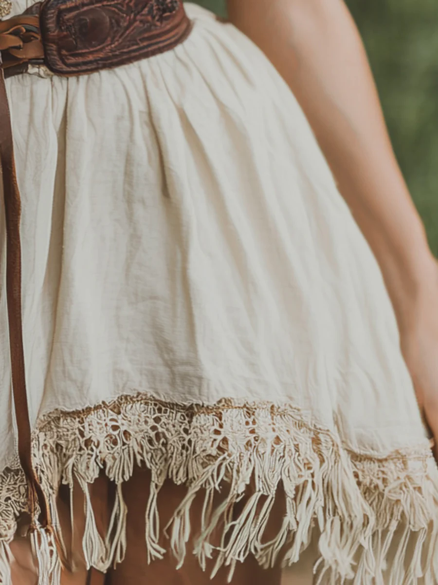 Retro Western Style Tassel Stitching Sleeveless Cotton And Linen Mini Dress