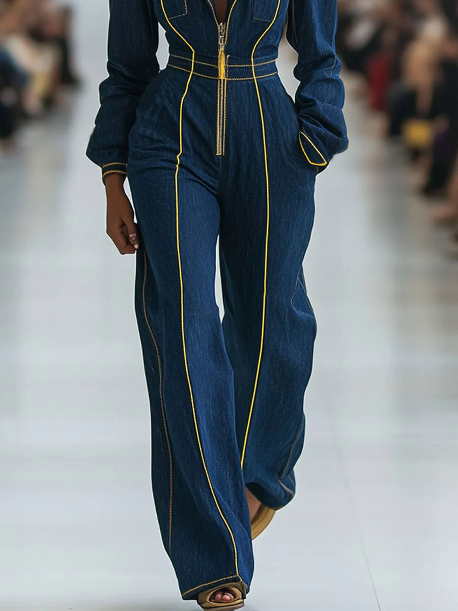 【24-hour shipping out】Casual Retro Contrast Color Line Long Sleeve Denim Wide Leg Jumpsuit