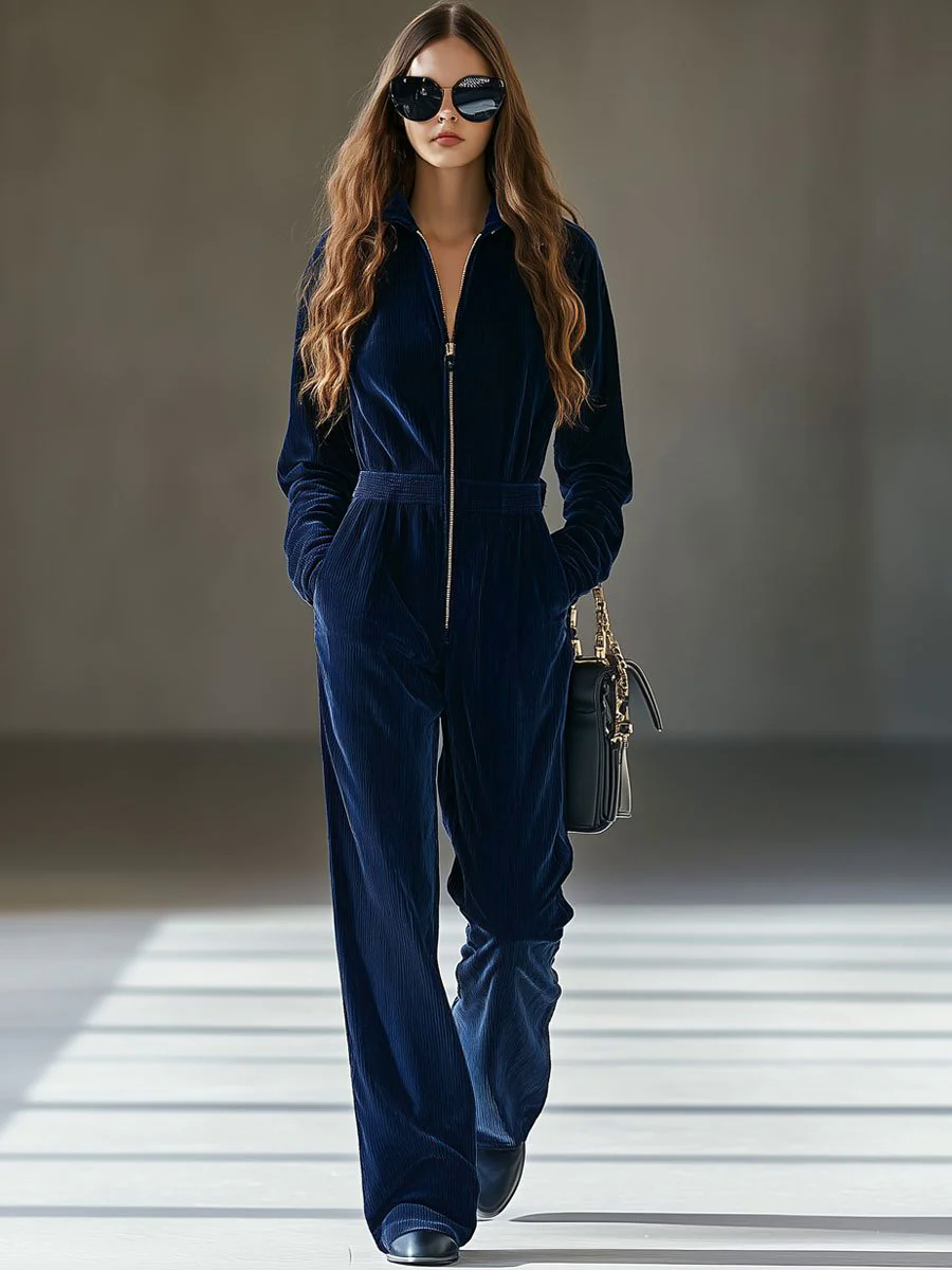 【24-hour shipping out】Casual Loose Vintage Corduroy Elastic Waist Zipper Jumpsuit