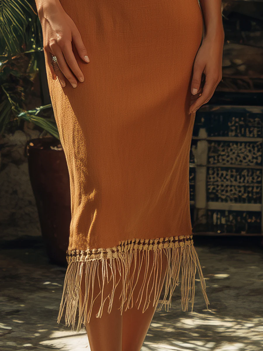 Simple And Fashionable Ribbon Tassel Stitching Brown Sleeveless Cotton And Linen Midi Dress