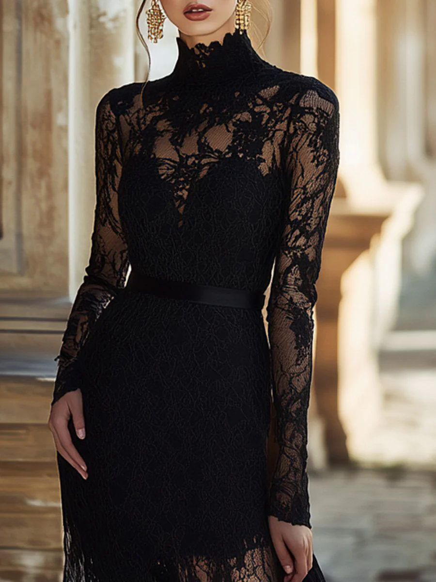 【24-hour shipping out】Elegant Unique Evening Dress High Collar Black Lace Maxi Dress
