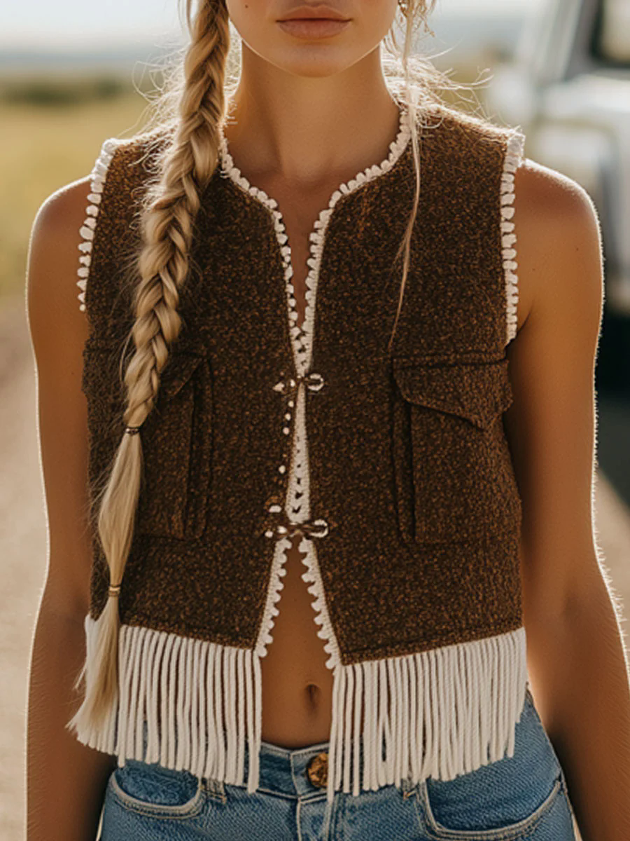 Vintage Casual Brown Floral Lace Pocket Tassel Vest