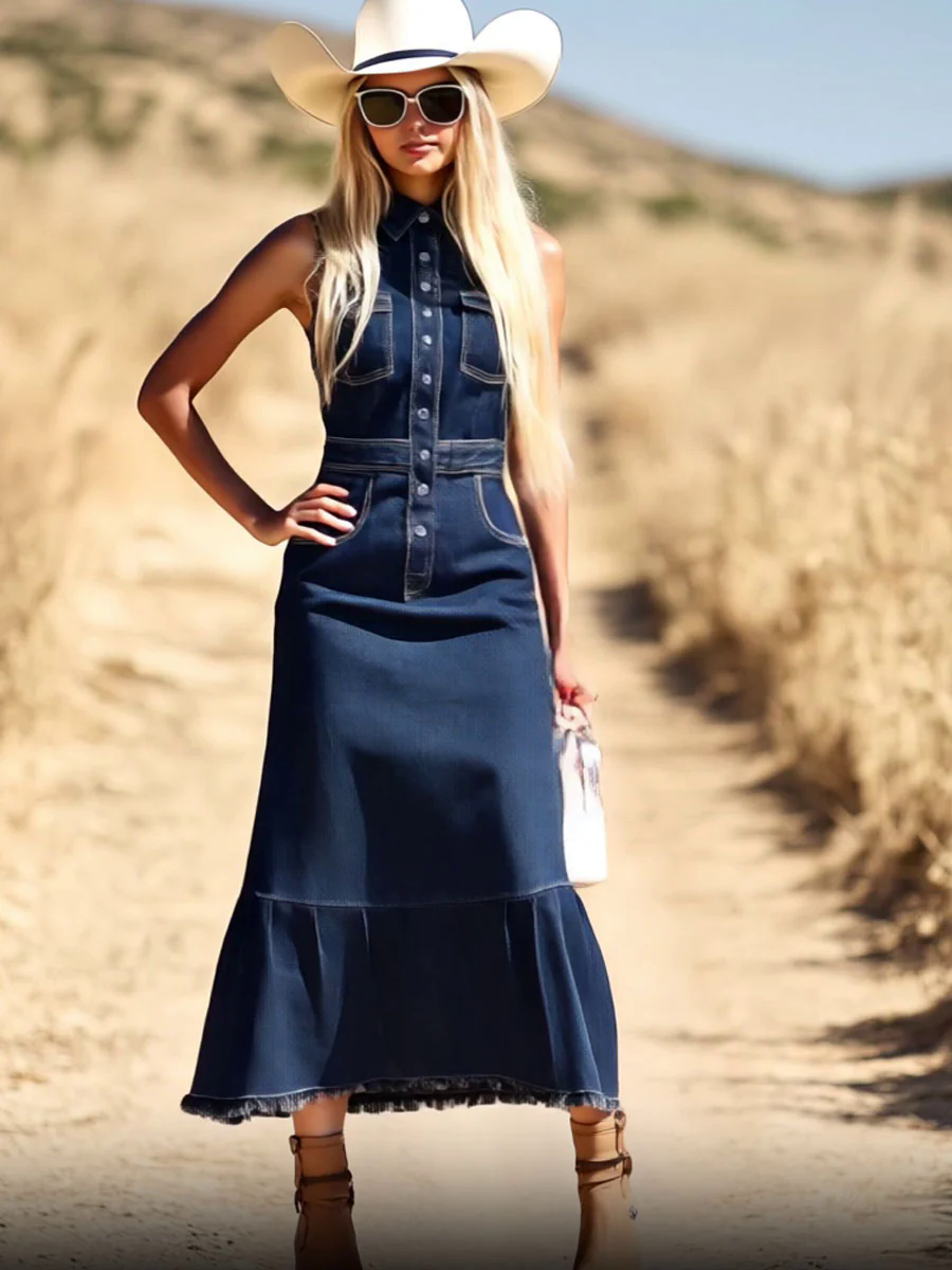 【24-hour shipping out】Casual Fashion Dark Blue Denim Sleeveless Shirt Fishtail Midi Dress