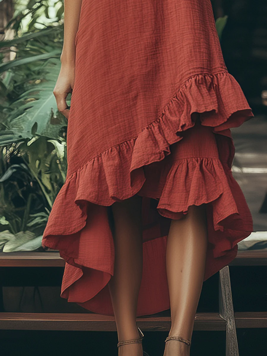 Elegant And Fashionable Irregular Lotus Leaf Hem Sleeveless Red Cotton And Linen Midi Dress