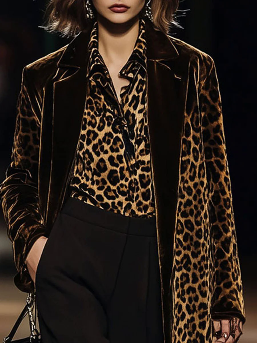 【24-hour shipping out】Casual Loose Vintage Velvet Leopard Print Colorblock Lapel Coat