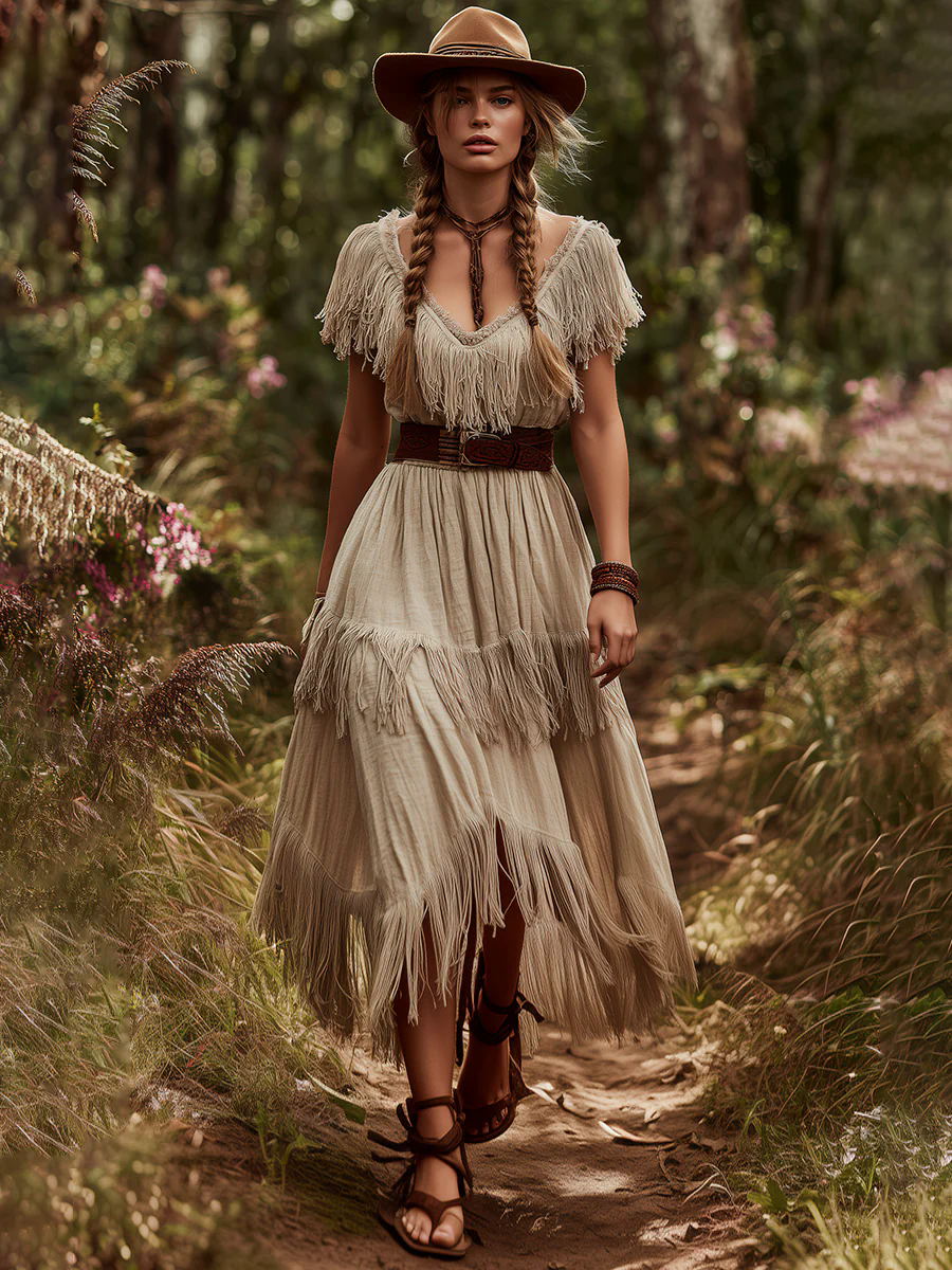 Retro Western Style Tassel Splicing Khaki Cotton And Linen Midi Dress