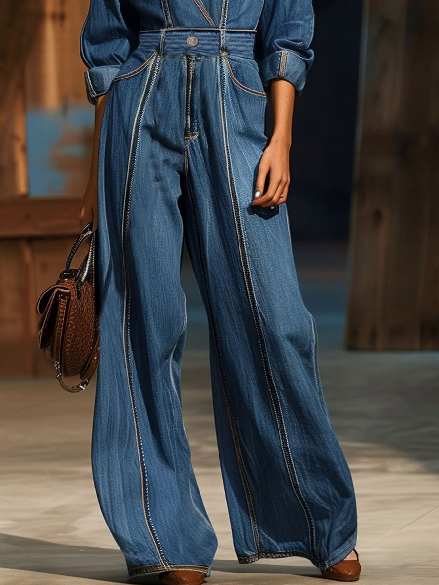 【24-hour shipping out】Casual Loose Retro Belted Long Sleeve Denim Jumpsuit