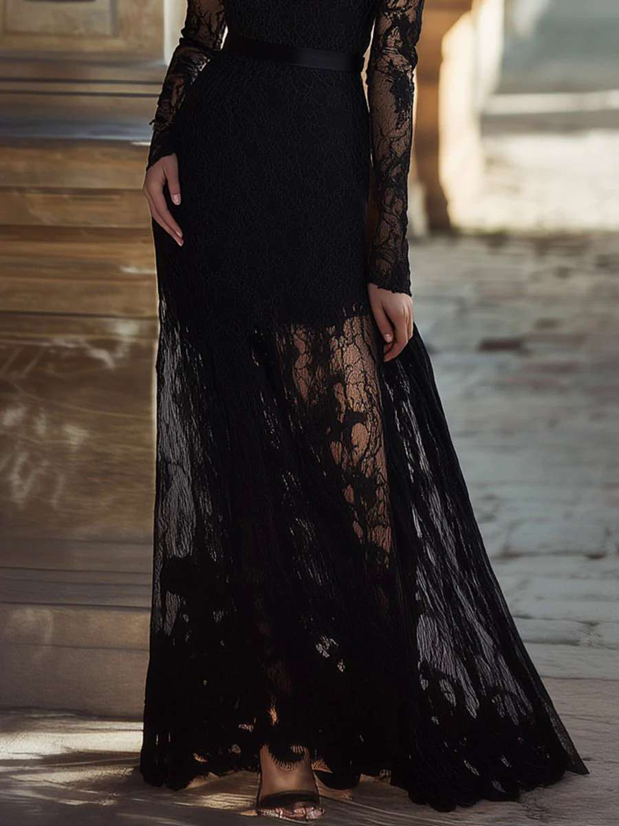 【24-hour shipping out】Elegant Unique Evening Dress High Collar Black Lace Maxi Dress